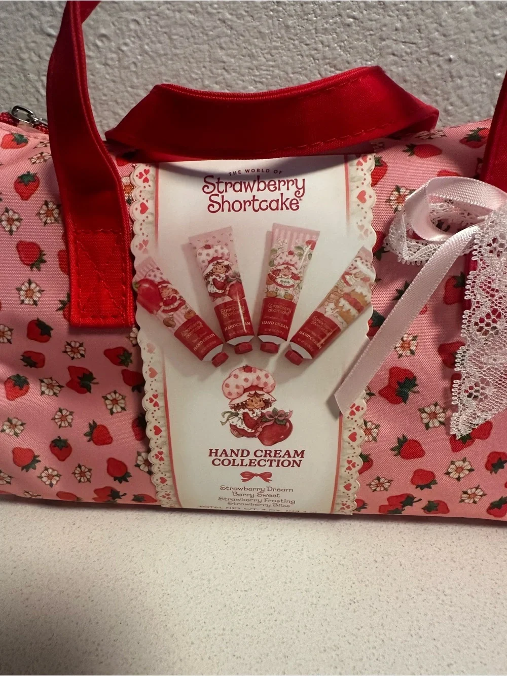 Strawberry Shortcake Pink Print Cosmetic Bag with hand cream collection